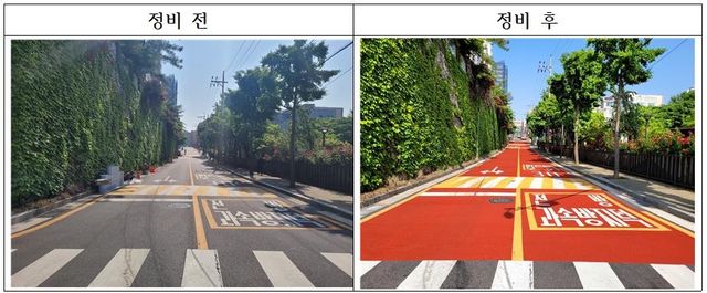 어린이보호구역 노면표시 정비 전·후 사진