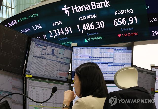 (서울=연합뉴스) 이정훈 기자 = 9일 서울 중구 하나은행 본점 딜링룸 현황판에 코스피, 원/달러 환율, 코스닥 지수가 표시돼 있다. 2025.4.9 uwg806@yna.co.kr