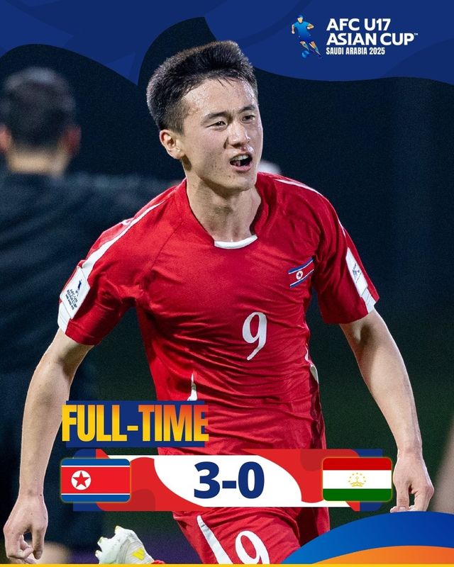 북한이 타지키스탄에 3-0으로 승리한 소식을 전한 아시아축구연맹.