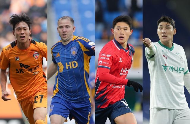 K리그 2~3월 이달의 선수 후보. 왼쪽부터 김준하, 보야니치, 이동경, 주민규