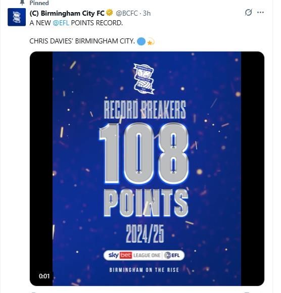 잉글랜드 프로축구 한 시즌 최다 승점 신기록 수립 소식을 전한 버밍엄.