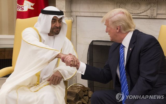 2017년 무함마드 빈 자예드 알 나흐얀 아랍에미리트(UAE) 아부다비 왕세제를 만난 도널드 트럼프 대통령