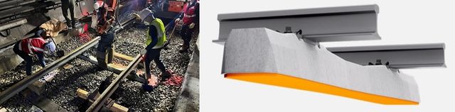 작업 현장(왼쪽)과 방진콘크리트 침목(오른쪽)