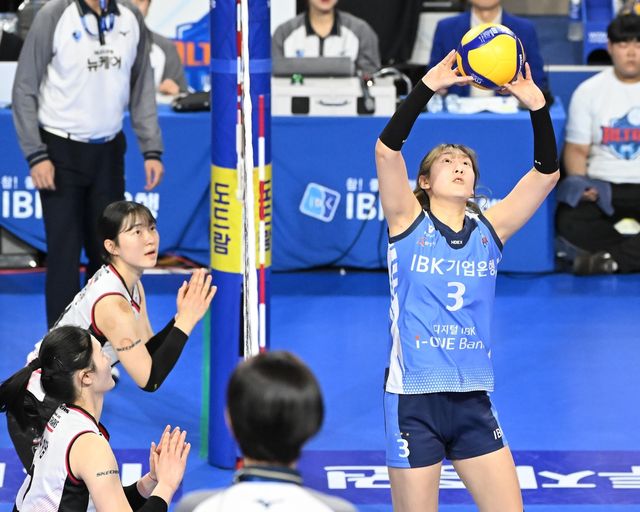 토스하는 IBK기업은행의 최연진(맨 오른쪽) 