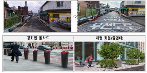 보행자 우선도로(위)와 안전 시설물