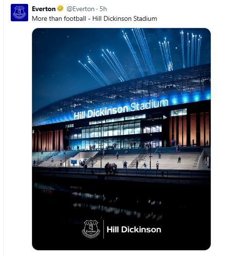 힐 디큰슨과 경기장 명칭 사용권 계약 소식을 전한 에버턴.