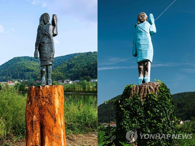 도난당한 멜라니아 각상(왼쪽)과 방화 피해를 본 이전 조각상(오른쪽)