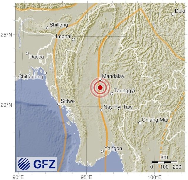 미얀마 지진 발생 지점