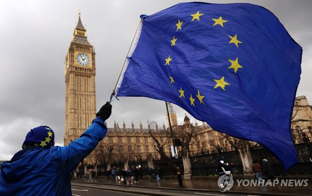 영국 의사당 앞에서 EU기 흔드는 시위자