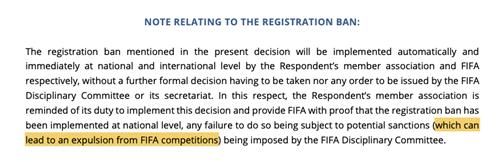 광주FC에 대한 징계결정문의 'FIFA 주관 대회 참가 자격 상실' 언급한 부분