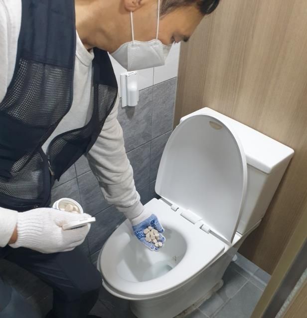 용산구보건소 방역반이 모기 유충구제 약품을 투여하는 모습