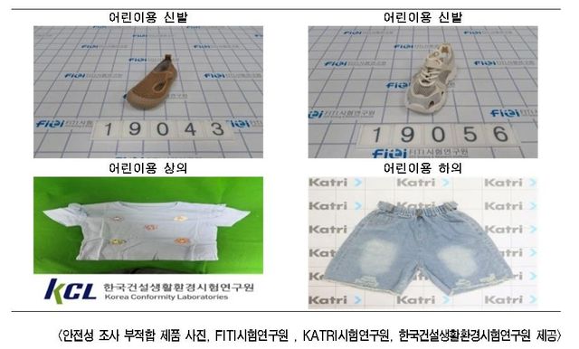 안전성 검사 결과 부적합 판정 받은 중국 직구 어린이 여름 옷과 신발