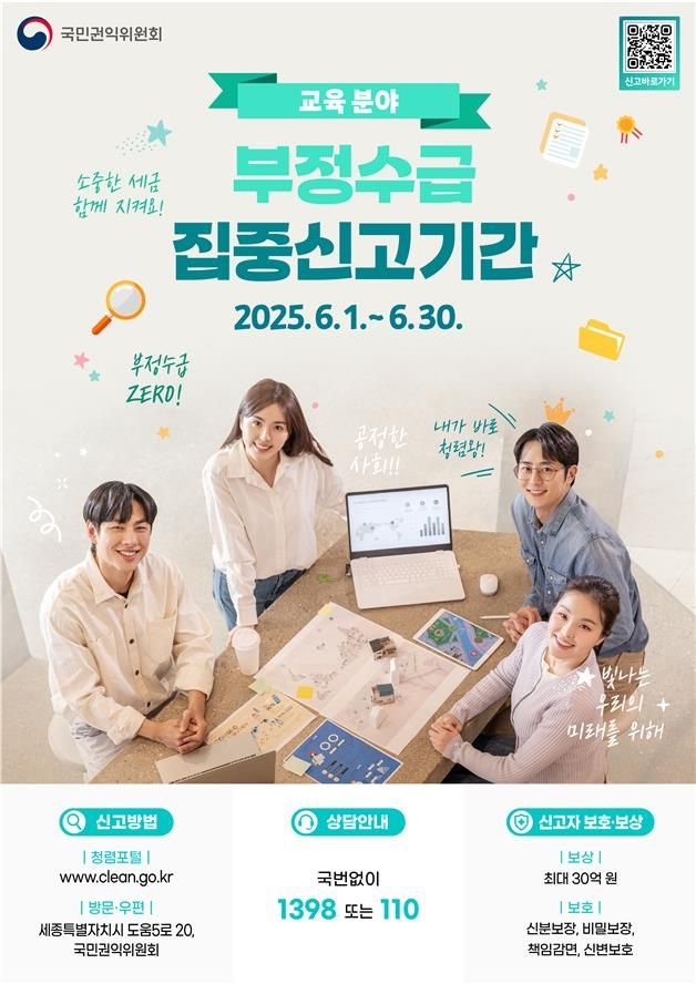 권익위, 내달 교육분야 정부지원금 부정수급 집중신고기간으로 운영