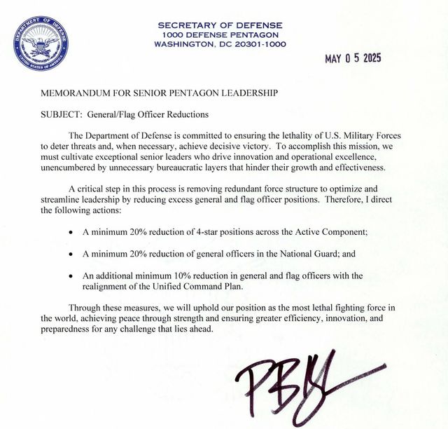 장성 감축 관련 미국 국방부 장관 메모