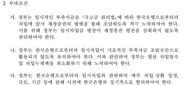 한은 금통위 대정부 일시대출금 부대조건 