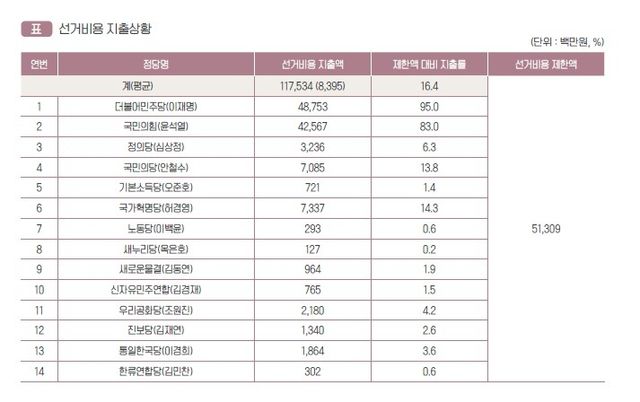 대통령선거 선거비용 지출 상황
