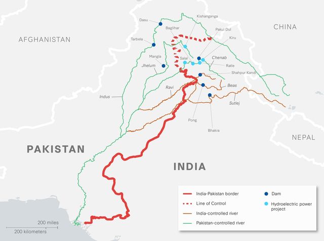 인도-파키스탄 국경과 강 흐름도