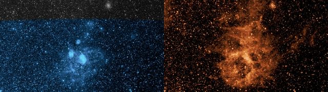 대마젤란은하 근방 성운을 확대한 영상에서 두 개의 파장에 대한 이미지