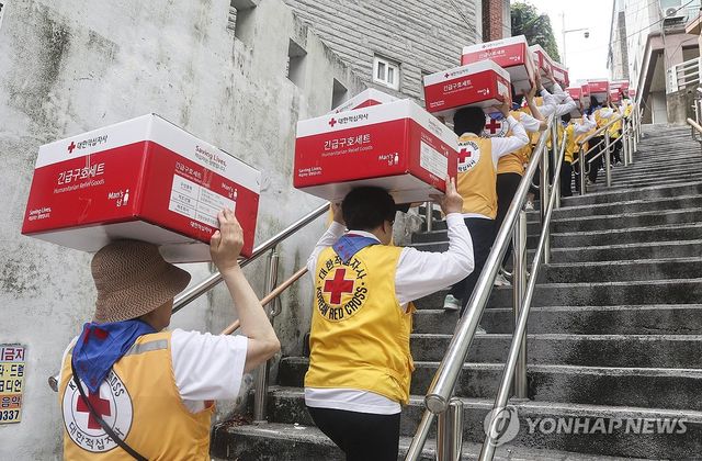 긴급구호세트를 운반하는 부산적십자 봉사원들