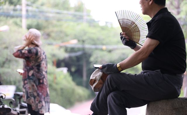 더위에 연신 부채질