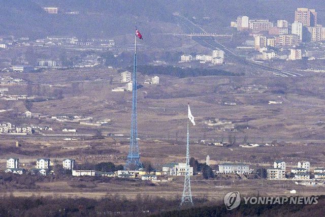 펄럭이는 태극기와 인공기