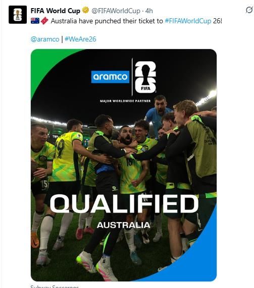 호주의 북중미 월드컵 본선 진출 소식을 전한 FIFA.