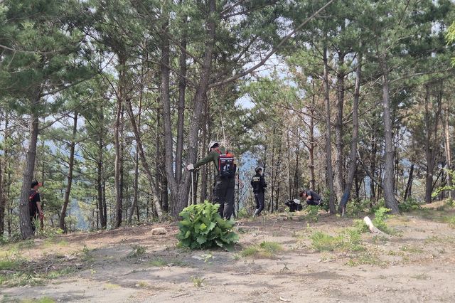 곤륜산 산불 조사 중인 경찰과 남은 불 정리 중인 산불진화대