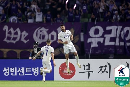 동점 골을 넣은 안양 모따(오른쪽)가 도움을 준 마테우스와 세리머니 하고 있다.