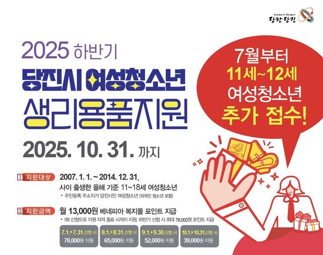 당진시 여성 청소년 생리용품 지원 대상 11세까지 확대