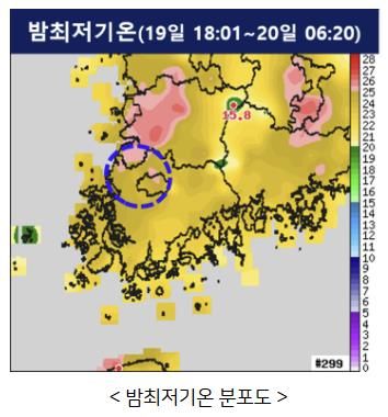 19∼20일 밤최저기온 분포도