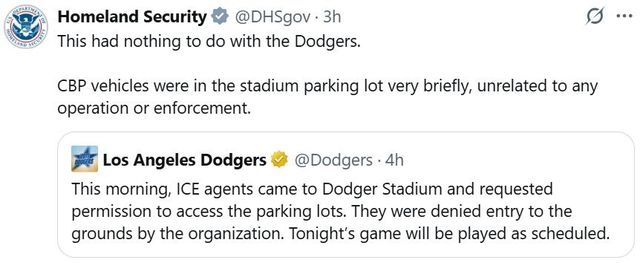 미 국토안보부가 LA다저스 측의 게시물에 반박하며 올린 엑스 글