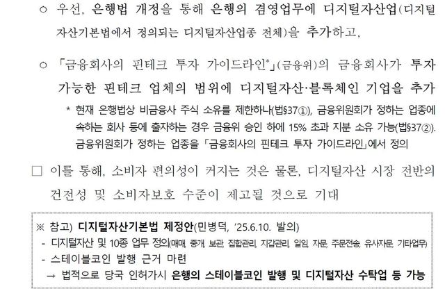 은행권, 디지털자산 겸영 허용 제언