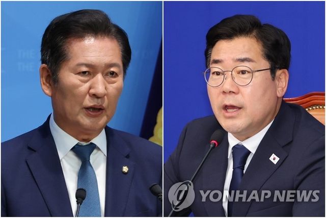 더불어민주당 당대표 출마하는 정청래 의원(왼쪽)과 박찬대 의원