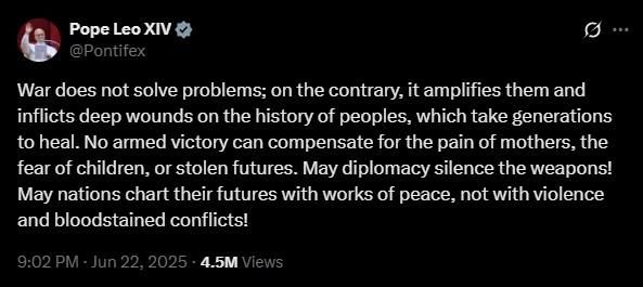 레오 14세 교황이 미국의 이란 핵시설 공습 직후 엑스(X·옛 트위터)에 올린 글