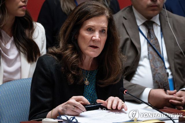 유엔 안보리 회의서 연설하는 도로시 셰이 유엔주재 미국 대사