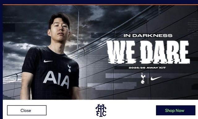 토트넘 홈페이지 첫 화면의 원정 유니폼 출시 안내