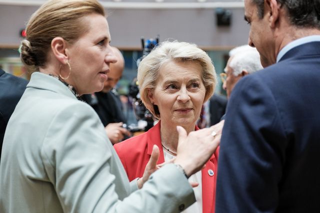 회원국 정상들과 대화하는 EU 집행위원장