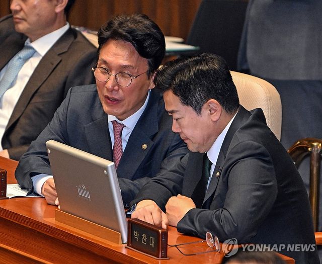 논의하는 박찬대 당대표 직무대행과 김민석 최고위원