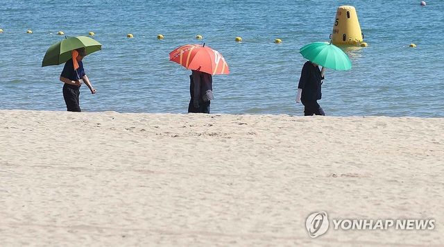 여름 해변 양산 아래 산책