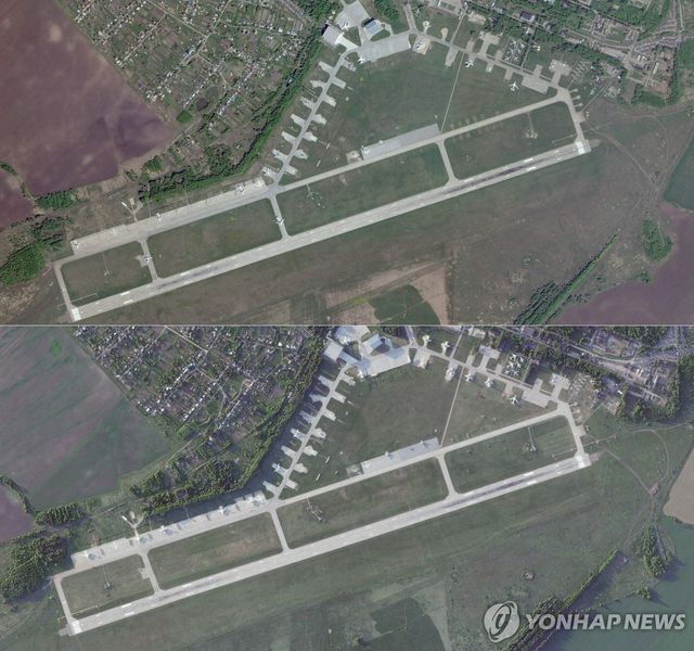러시아 랴잔의 댜길레보 공군기지의 공습 전후 위성사진
