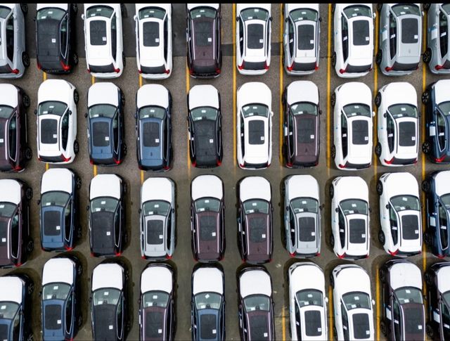 미국 메릴랜드주의 한 해상 터미널에서 운송을 기다리는 차들 