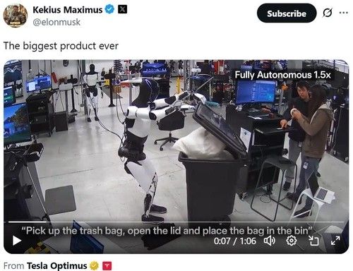 일론 머스크가 엑스에 올린 테슬라 옵티머스 로봇 영상