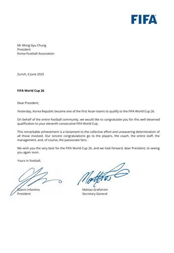 FIFA 회장이 보낸 축전