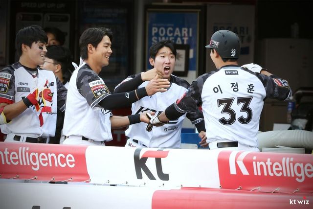 동료들과 기뻐하는 kt wiz 이정훈(오른쪽)