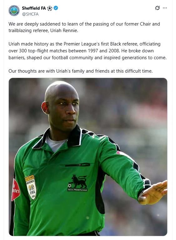 65세를 일기로 별세한 EPL 최초 흑인 심판 유라이어 레니.