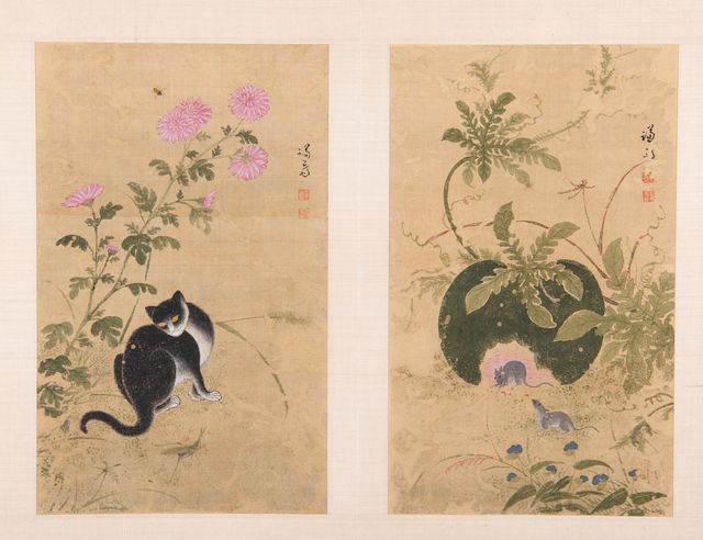 수리복원을 마친 '화훼영모화첩' 중 '추일한묘'(가을날 한가로운 고양이. 왼쪽)와 '서과투서'(수박과 도둑쥐)[대구간송미술관 제공. 재판매 및 DB 금지]