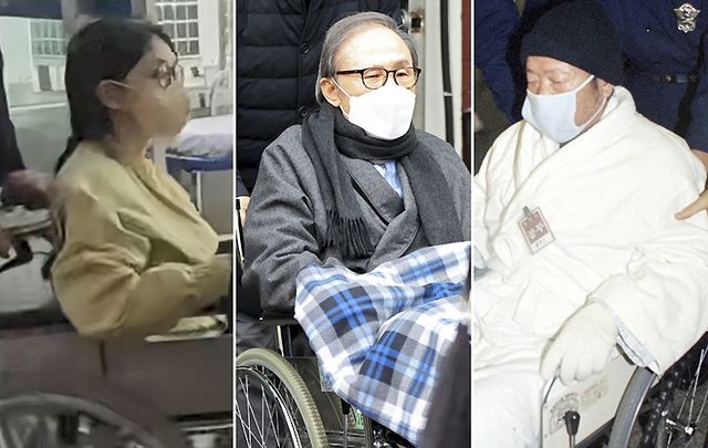 휠체어 퇴원 김건희/휠체어 탄 이명박 /중환자 차림 청문회 출석정태수(좌측부터)