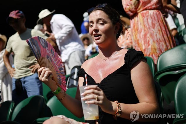 윔블던 경기 관람 중 더위를 식히는 관객