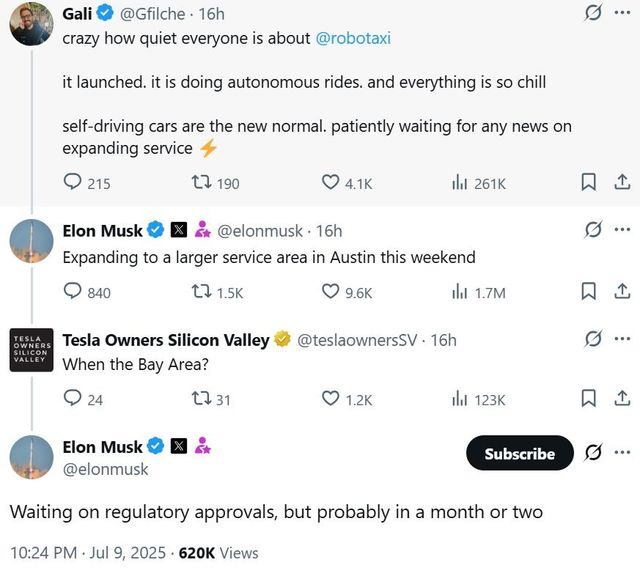 일론 머스크 테슬라 CEO가 로보택시에 관해 엑스에 올린 글