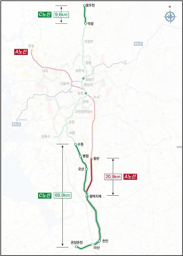 GTX-A노선 평택 연장 추진 구간 노선도